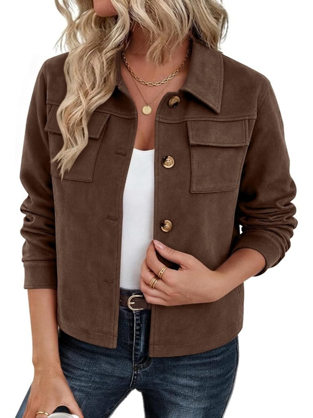 Women's Brown Long Sleeve Faux Suede Cropped Shacket Button Down Fall Jacket